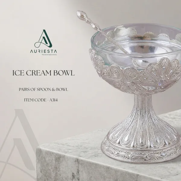 Auriesta_Ice_Cream_Bowl_-_Pair_Of_Spoons_&_Bowl_(Silver,_Item_Code:_A04)