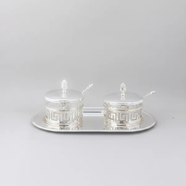 Silver-Toned_Tray_With_Two_Sugar_Bowls_And_Spoons
