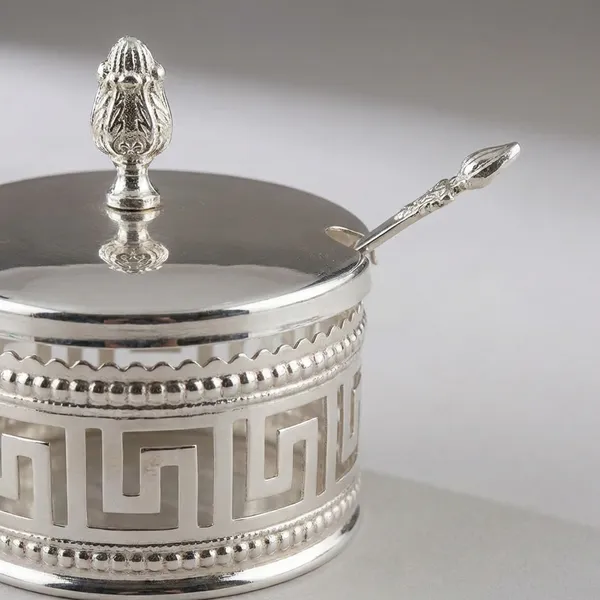 Silver-Toned_Tray_With_Two_Sugar_Bowls_And_Spoons