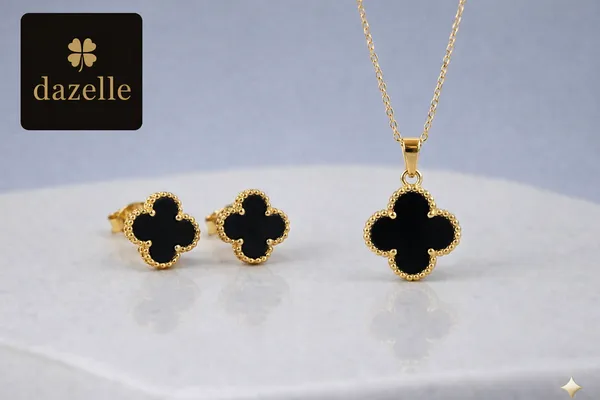 Set_Of_2_Pieces_|_18K_Gold_Tone_Titanium_Steel_Anti_Tarnish_Midnight_Fortune_Four_Leaf_Clover_Earrings_And_Pendant_For_Women_-_Waterproof,_Hypoallergenic,_Lifeproof,_Highly_Durable(Set_Of_2_Pieces)_