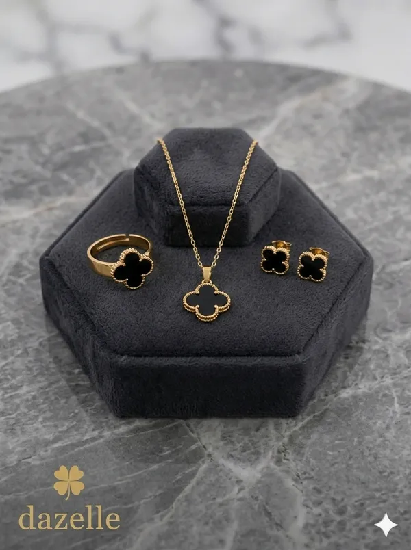 Set_Of_3_Pieces_|18K_Gold_Tone_Titanium_Steel_Anti_Tarnish_Midnight_Fortune_Lucky_Four_Leaf_Clover_Ring,_Earrings_And_Pendant_For_Women_-_Lifeproof,_Water_proof,_Hypoallergenic