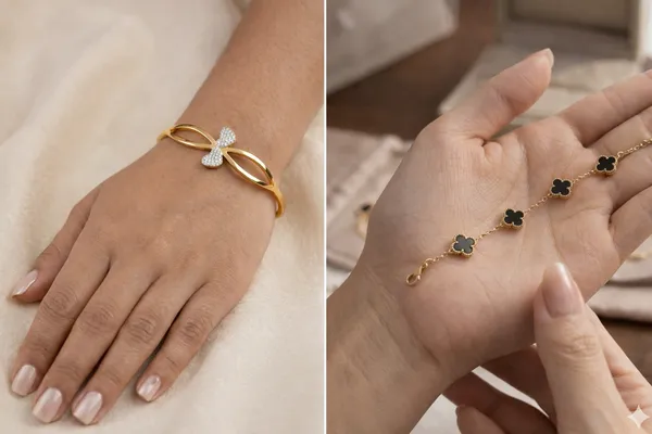 Set_of_2_Bracelets_|18K_Gold_Tone_Titanium_Steel_Anti_Tarnish_Infinity_Hearts_Bracelet_and_Mini_Midnight_Fortune_Lucky_Four_Leaf_Clover_18K_Gold_Tone_Titanium_Steel_Anti_Tarnish_Bracelet_For_Women