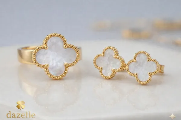 Set_of_2_Pieces_|_18K_Gold_Tone_Titanium_Steel_Anti_Tarnish_Moonlit_Meadow_Lucky_Four_Leaf_Clover_Waterproof_Earrings_And_Ring_For_Women_(Set_Of_2_Pieces)