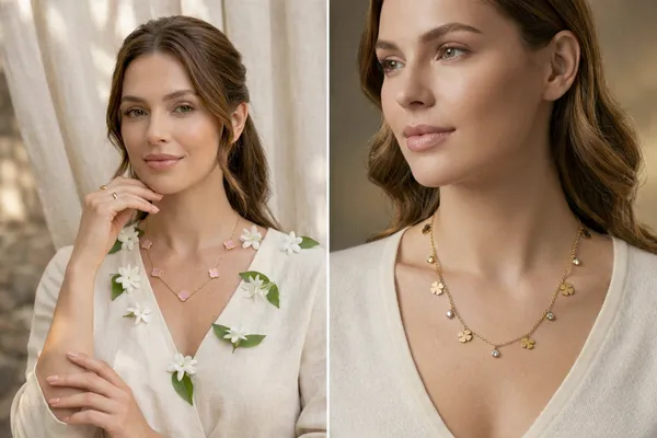 Set_Of_2_Necklaces|__Golden_Petals_Of_Prosperity_And_Luck_Gold_Tone_Titanium_Steel_Anti_Tarnish_Necklace_And_Blush_Petals_Lucky_Four_Leaf_Clover_18K_Gold_Tone_Titanium_Steel_Anti_Tarnish_Necklace_For_Women(Set_Of_2_Necklaces)_
