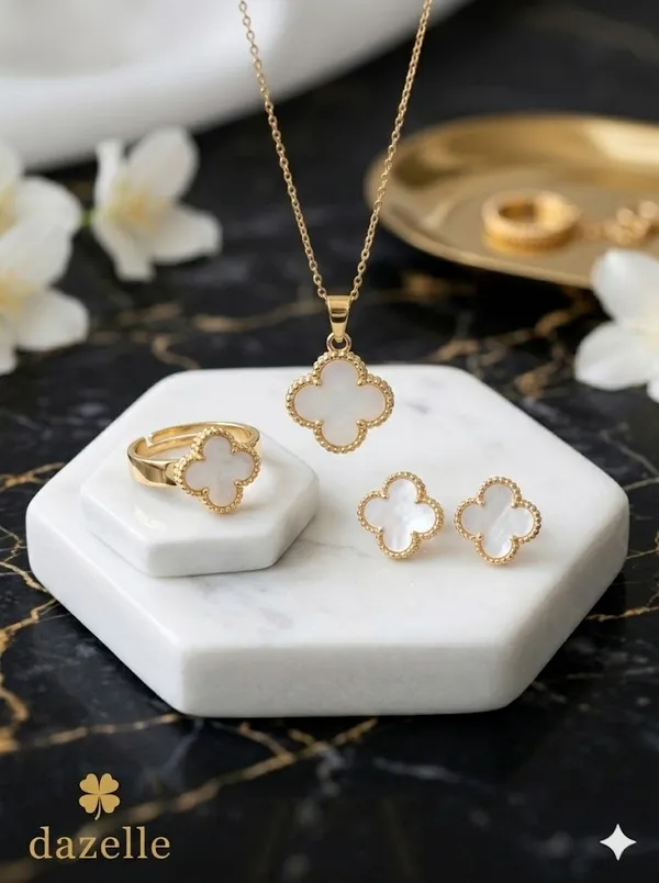 Set_Of_3_Pieces_|18K_Gold_Tone_Titanium_Steel_Anti_Tarnish_Moonlit_Meadow_Lucky_Four_Leaf_Clover_Pendant,_Earrings_And_Ring_Set_For_Women_-_Waterproof,_Anti_Tarnish,_Hypoallergenic_,_Highly_Durable