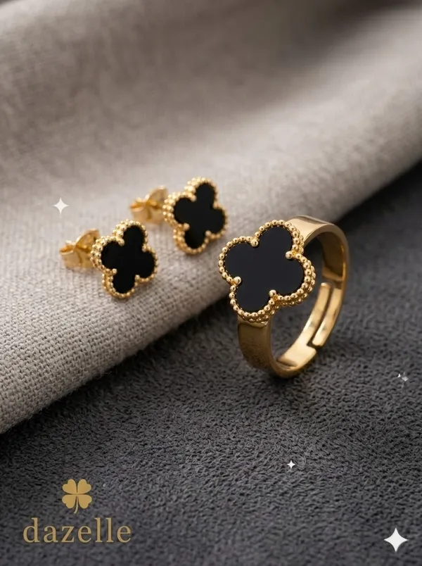 Set_of_2_Pieces_|18K_Gold_Tone_Titanium_Steel_Anti_Tarnish_Midnight_Fortune_Lucky_Four_Leaf_Clover_Earrings_And__Ring_For_Women_-_Waterproof,_Hypoallergenic,_Lifeproof,_Highly_Durable(Set_of_2_Pieces)