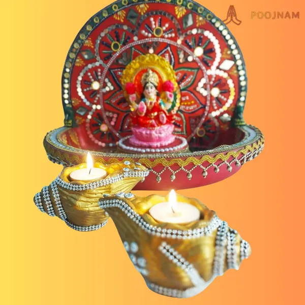 Gold_Diwali_Diya_Shell_Shape_Handmade_Teracotta_Clay_Diya_With_Silver_Lace_Decoration_Set_Of_2_10_Free_Tea_Ligth_Wax_Candles_Ideal_For_Diwali_Gifting_Home_Decoration