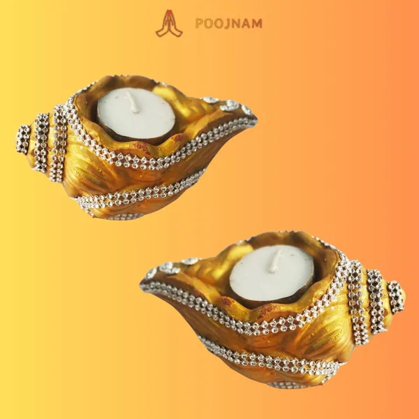 Gold_Diwali_Diya_Shell_Shape_Handmade_Teracotta_Clay_Diya_With_Silver_Lace_Decoration_Set_Of_2_10_Free_Tea_Ligth_Wax_Candles_Ideal_For_Diwali_Gifting_Home_Decoration