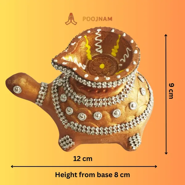 Gold_Diwali_Diya_Tortoise_Shape_Handmade_Teracotta_Clay_Diya_With_Silver_Decoration_Set_Of_2_10_Free_Tea_Ligth_Wax_Candles_Ideal_For_Diwali_Gifting_Home_Decoration