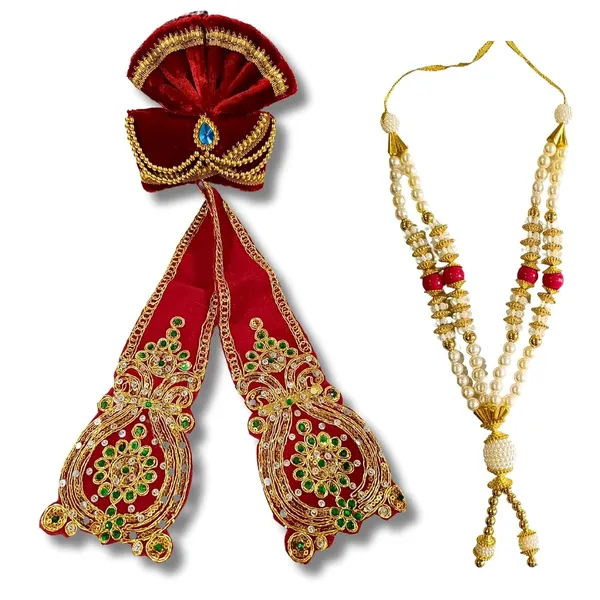 Red_Ganpati_Decoration_Set_Traditional_Ganpati_Pheta_Ehtnic_Dupatta_And_Divine_Kanthi_Fits_Idols_1Ft_To_2Ft_Includes_Aasan_Mala_And_Atharvashish_Book