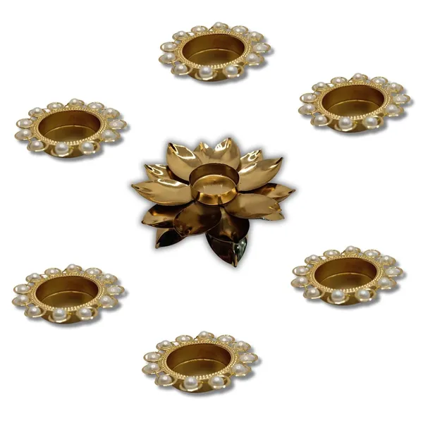 Gold_Decorative_Candle_Holder_Set_Lotus_Metal_Diya_And_Six_Pearl_Embellished_Tea_Light_Diyas_For_Diwali_With_14_Free_Wax_Candles_Golden_Color_Ideal_For_Diwali_Home_Decor_Gifting