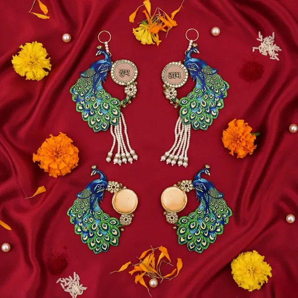 Multicolor_Elegant_Peacock_Design_Shubh_Labh_Hanging_Tea_Light_Diya_Set_Mdf_Base_Premium_Indian_Door_Toran_Wall_Hanging_For_Festive_Decor_Mandir_Decoration_Housewarming
