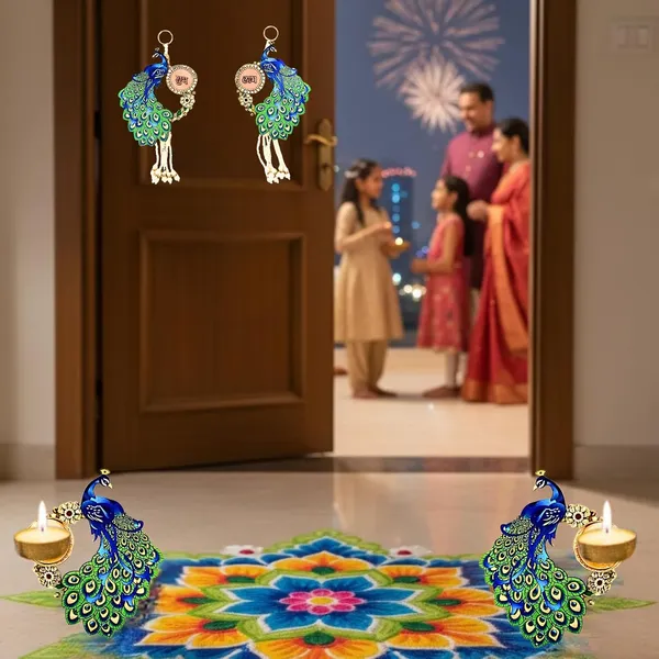 Multicolor_Elegant_Peacock_Design_Shubh_Labh_Hanging_Tea_Light_Diya_Set_Mdf_Base_Premium_Indian_Door_Toran_Wall_Hanging_For_Festive_Decor_Mandir_Decoration_Housewarming