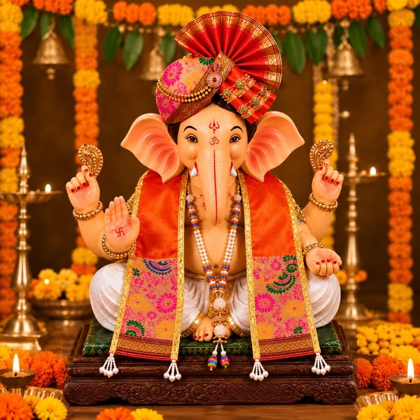 Peshwai_Ganpati_Pheta_And_Dupatta_Set_With_Kanthi_Orange_Fits_Idols_Of_Height_1_5_Ft_To_2_5_Ft_Pheta_Diameter_4_Inches_Flexible_Base_Includes_Aasan_Mala_Atharvashish_Book