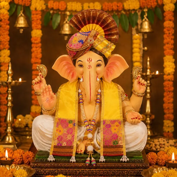 Peshwai_Ganpati_Pheta_And_Dupatta_Set_With_Kanthi_Yellow_Fits_Idols_Of_Height_1_5_Ft_To_2_5_Ft_Pheta_Diameter_4_Inches_Flexible_Base_Includes_Aasan_Mala_Atharvashish_Book