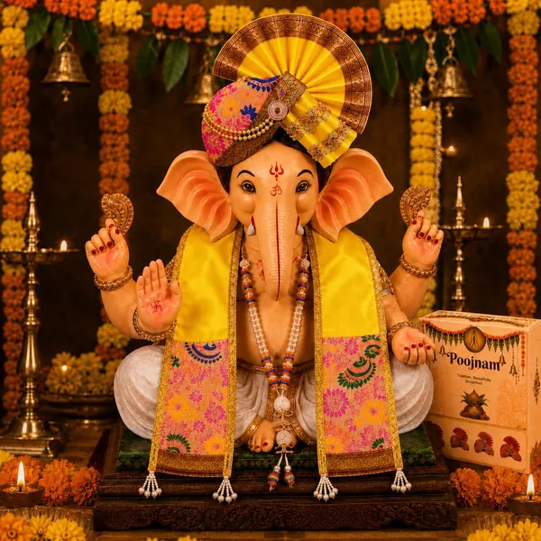 Peshwai_Ganpati_Pheta_And_Dupatta_Set_With_Kanthi_Yellow_Fits_Idols_Of_Height_1_5_Ft_To_2_5_Ft_Pheta_Diameter_4_Inches_Flexible_Base_Includes_Aasan_Mala_Atharvashish_Book