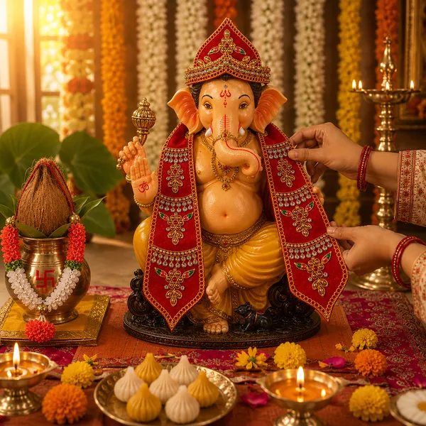 Ganesh_Chaturthi_Decoration_Set_for_Ganpati_Idol_|_Red_Velvet_Mukut_(Crown)_&_Matching_Dupatta_with_4_Puja_Accessories