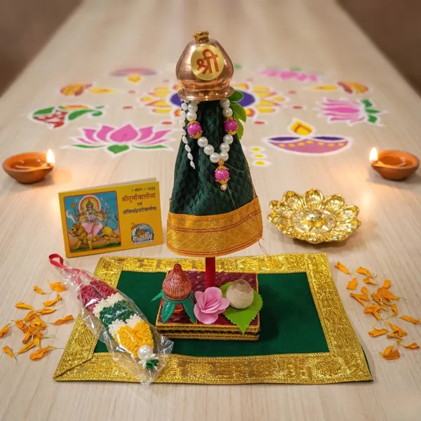 Green_Readymade_Gudi_Lota_Chunnari_Flower_Sugar_Garland_Neem_Leaf_On_Stand_With_Kalash_Supaari_Flowers_Free_Aasan_Gudi_Padwa_Decoration_In_Transparent_Gift_Box_9_Inches