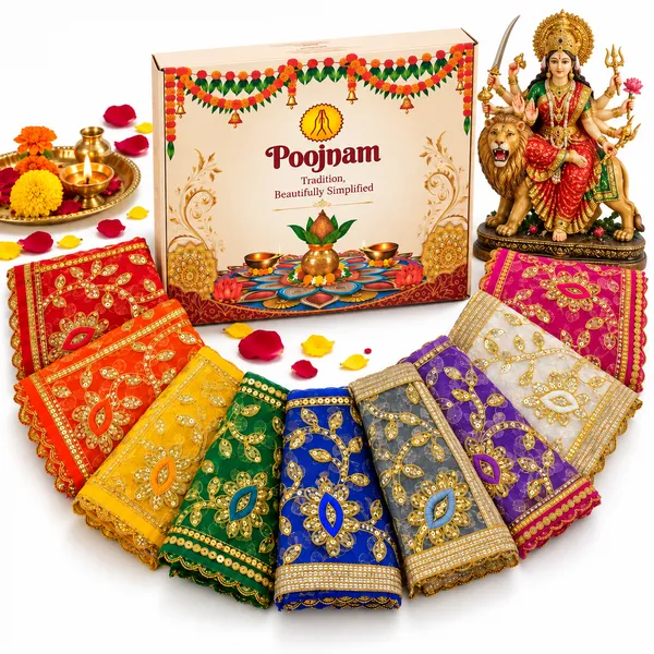 Poojnam_9_Colour_Navratri_Chunnari_Set_with_4_Puja_Accessories,_Mata_Chunri_for_Durga_Idol_Decoration,_13_x_20_Inch_Dupatta_for_Navratri_Puja_&_Durga_Puja
