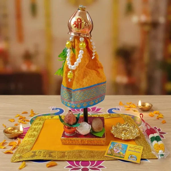 Yellow_Readymade_Gudi_Lota_Chunnari_Flower_Sugar_Garland_Neem_Leaf_On_Stand_With_Kalash_Supaari_Flowers_Free_Aasan_Gudi_Padwa_Decoration_In_Transparent_Gift_Box