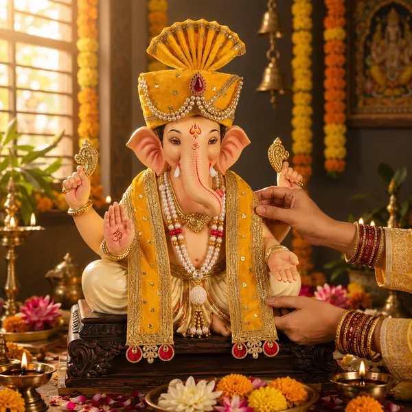Yellow_Velvet_Ganpati_Decoration_Set_-_Pheta_,_Dupatta_and_Kanthi
