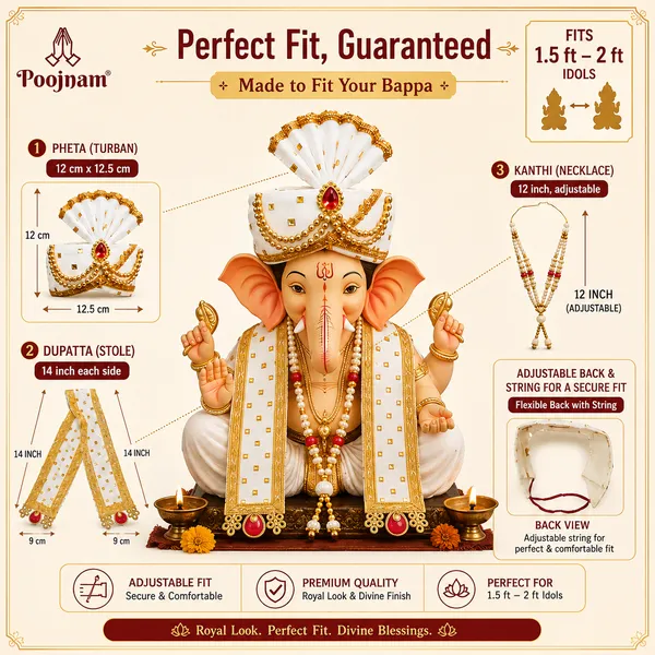 White_Royal_Ganpati_Pheta_Dupatta_Kanthi_Set_Exquisite_Golden_Embroidery_With_Pearl_Detailing_For_1_Ft_2_Ft_Idols_Includes_Aasan_Maala_Decorative_Puja_Accessories