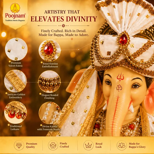 White_Royal_Ganpati_Pheta_Dupatta_Kanthi_Set_Exquisite_Golden_Embroidery_With_Pearl_Detailing_For_1_Ft_2_Ft_Idols_Includes_Aasan_Maala_Decorative_Puja_Accessories