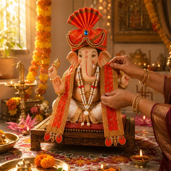 Orange_Ganpati_Decoration_Set_Traditional_Ganpati_Pheta_Ehtnic_Dupatta_And_Divine_Kanthi_Fits_Idols_1.5Ft_To_2Ft_Includes_Aasan_Mala_And_Atharvashish_Book