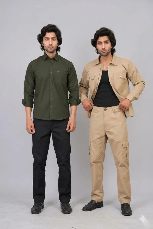 Khaki_And_Green_Cotton_Premium_Shacket_And_Shirt_For_Men_Pack_Of_2