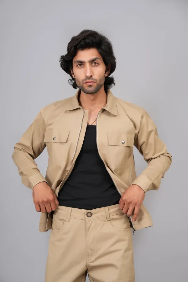 Khaki_And_Green_Cotton_Premium_Shacket_And_Shirt_For_Men_Pack_Of_2