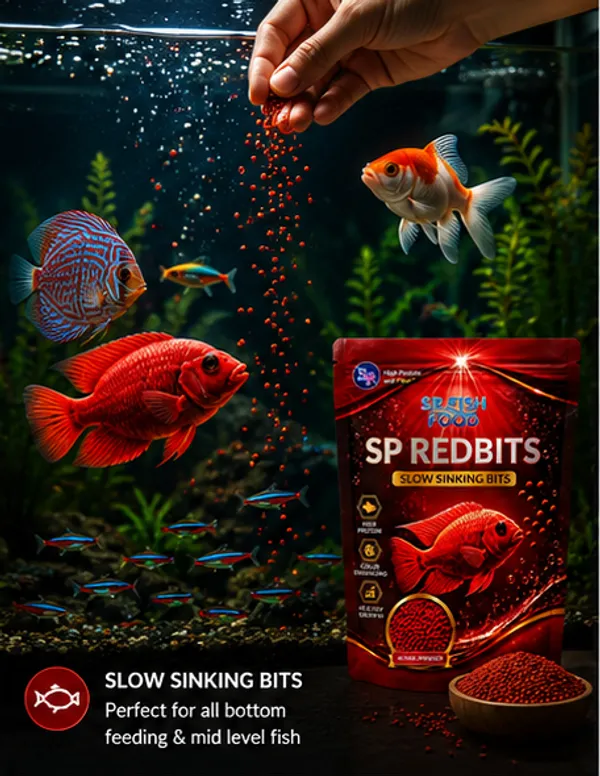SP_Fish_Food_RedBits_Slow_Sinking_Bits_70g_|_High_Protein_Color_Enhancing_Fish_Food_|_Premium_Slow_Sinking_Granules_for_Flowerhorn,_Discus,_Cichlids_&_Tropical_Fish_|_Healthy_Growth