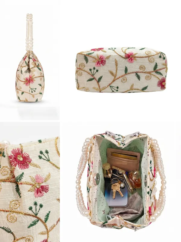 Elegant_Floral_embroidery_bag_&_Ethnic_clutch_with_Pearl_Beaded_Handle