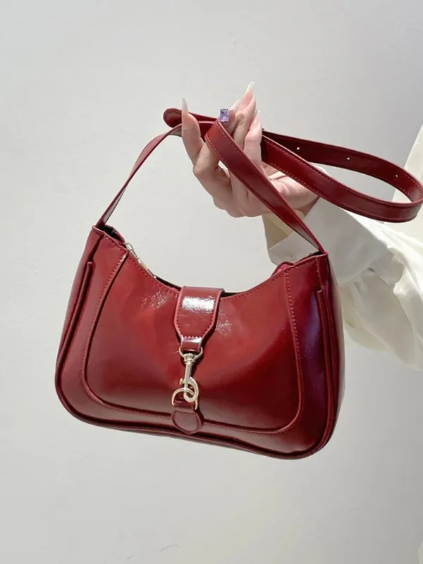 Maroon_Classic_Shiny_Leather_Shoulder_Bag_&_Underarm_Bag_Handbag