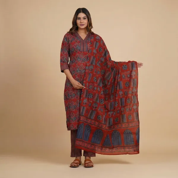 Red_Cotton_Printed_Suit_Set_For_Women
