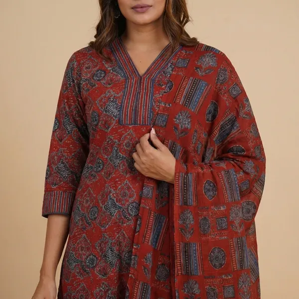 Red_Cotton_Printed_Suit_Set_For_Women