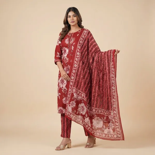 Red_Cotton_Floral_Printed_Suit_Set_For_Women