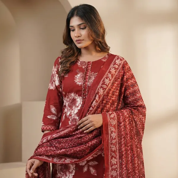 Red_Cotton_Floral_Printed_Suit_Set_For_Women