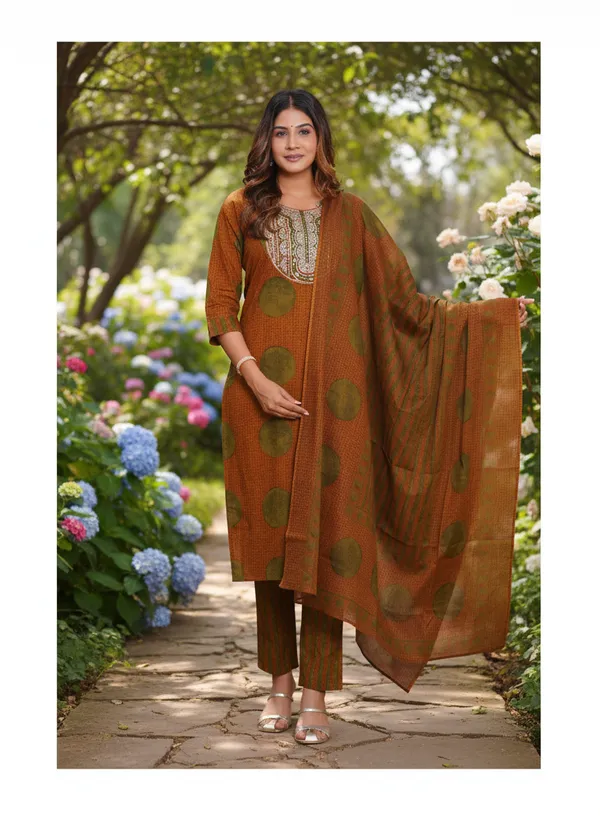 Brown_Cotton_Polka_Dot_Suit_Set_For_Women