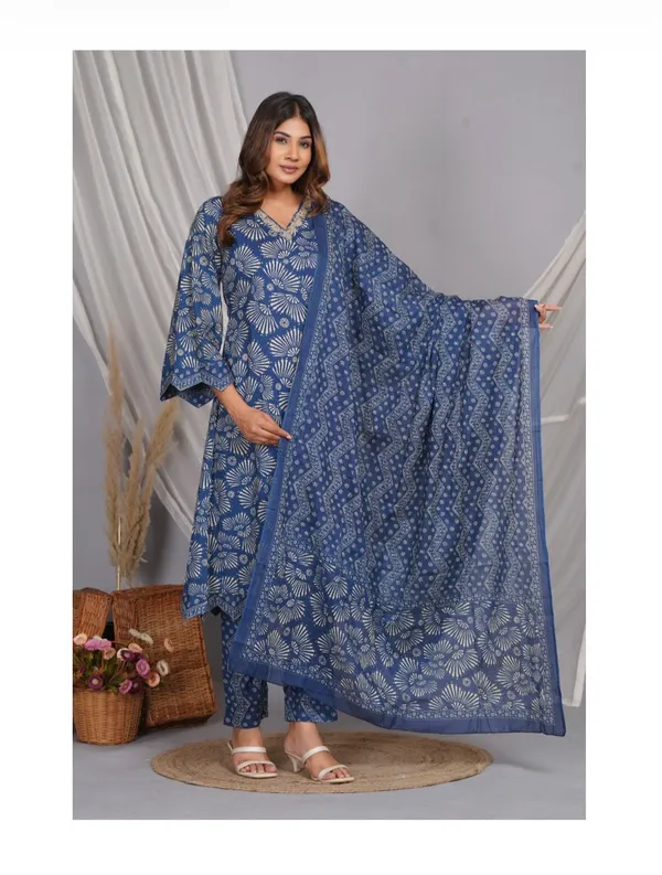 Blue_Cotton_Floral_Hand_Block_Printed_Suit_Set_For_Women