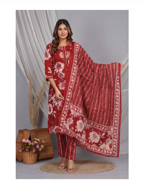 Red_Cotton_Floral_Printed_Suit_Set_For_Women