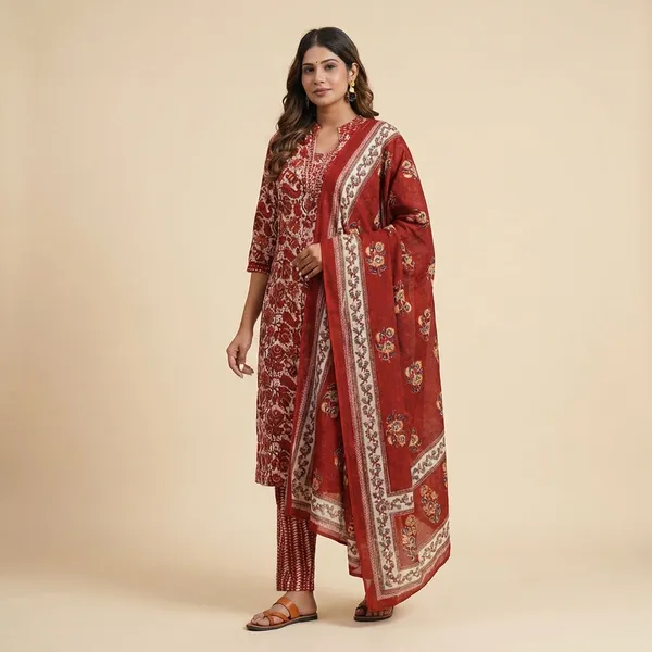 Red_Cotton_Embroidered_Suit_Set_For_Women