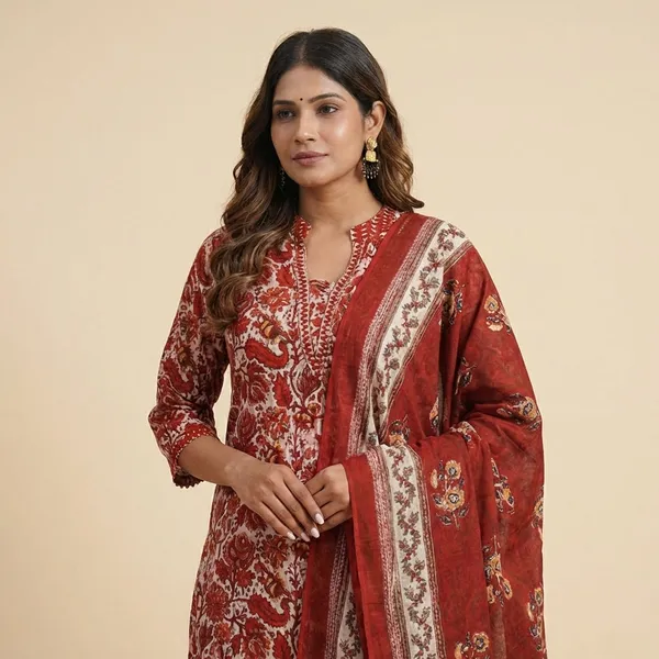 Red_Cotton_Embroidered_Suit_Set_For_Women
