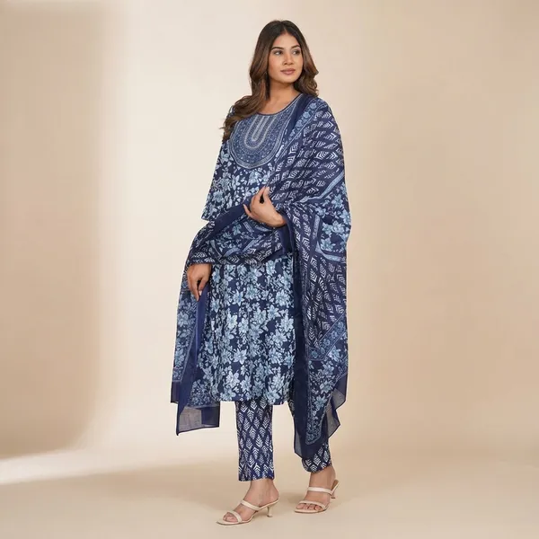 Blue_Cotton_Bandhani_Printed_Suit_Set_For_Women