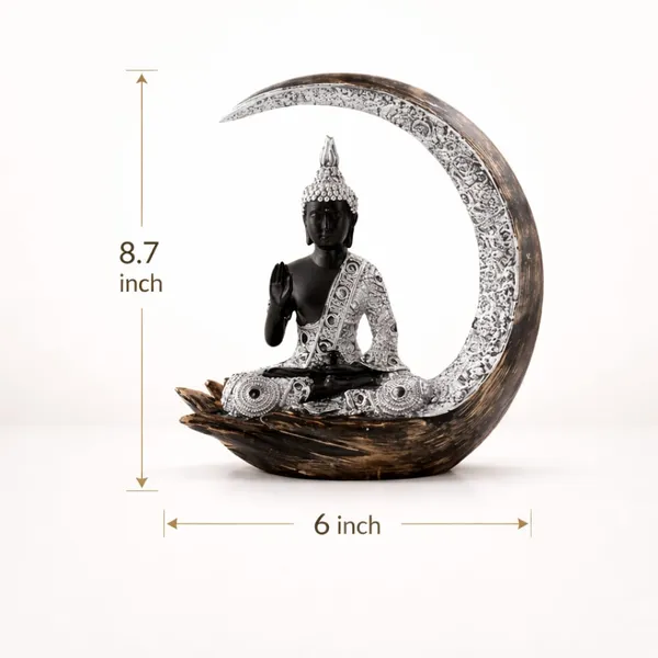 ANANTKRITI_Buddha_Crescent_Moon_Showpiece_|_Premium_Polyresin_Buddha_Idol_for_Home_Decor_|_Decorative_Statue_for_Living_Room,_Office_Desk_&_Gift_|_Black_&_Silver_Finish_(8.7_Inch)
