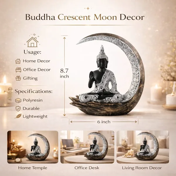 ANANTKRITI_Buddha_Crescent_Moon_Showpiece_|_Premium_Polyresin_Buddha_Idol_for_Home_Decor_|_Decorative_Statue_for_Living_Room,_Office_Desk_&_Gift_|_Black_&_Silver_Finish_(8.7_Inch)