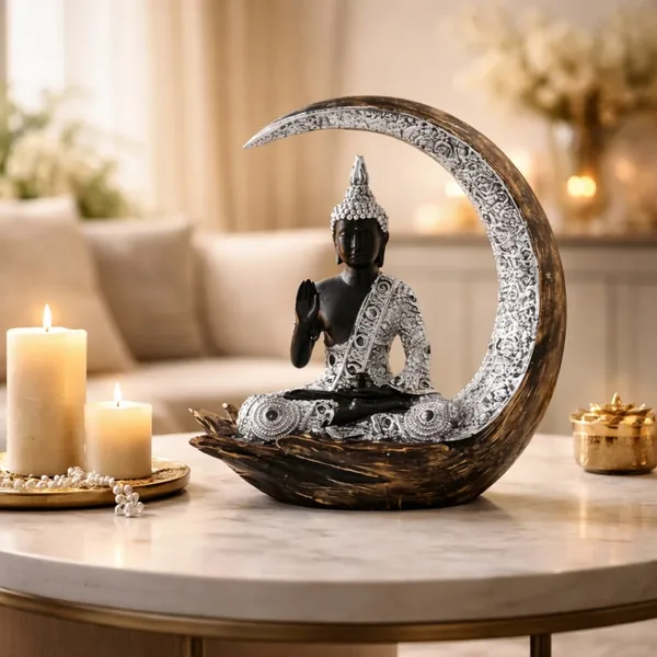 ANANTKRITI_Buddha_Crescent_Moon_Showpiece_|_Premium_Polyresin_Buddha_Idol_for_Home_Decor_|_Decorative_Statue_for_Living_Room,_Office_Desk_&_Gift_|_Black_&_Silver_Finish_(8.7_Inch)
