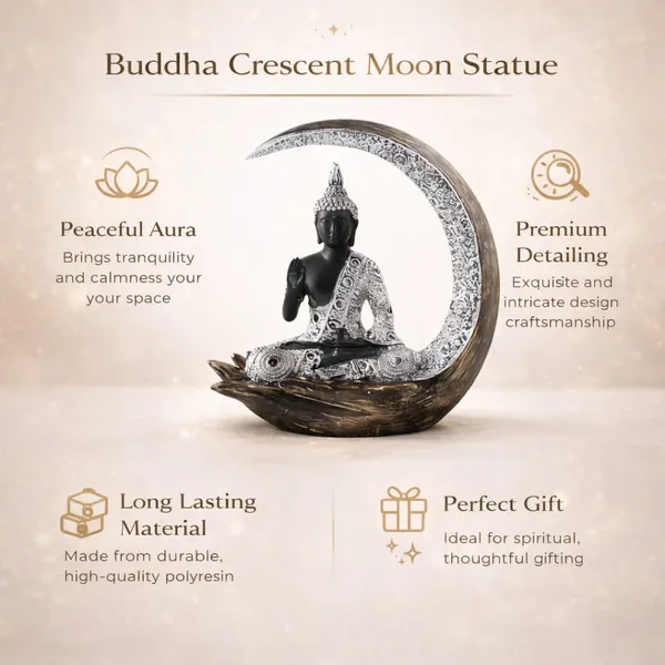 ANANTKRITI_Buddha_Crescent_Moon_Showpiece_|_Premium_Polyresin_Buddha_Idol_for_Home_Decor_|_Decorative_Statue_for_Living_Room,_Office_Desk_&_Gift_|_Black_&_Silver_Finish_(8.7_Inch)