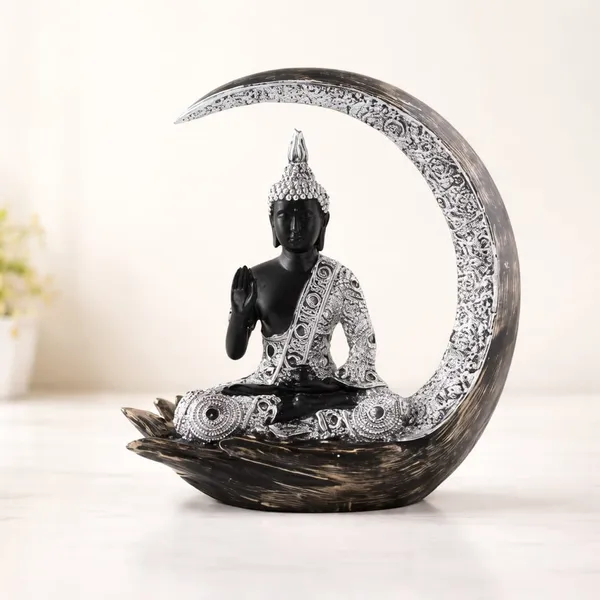 ANANTKRITI_Buddha_Crescent_Moon_Showpiece_|_Premium_Polyresin_Buddha_Idol_for_Home_Decor_|_Decorative_Statue_for_Living_Room,_Office_Desk_&_Gift_|_Black_&_Silver_Finish_(8.7_Inch)