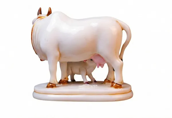 Earthen_Handcrafted_Kamadhenu_Cow_And_Calf_Idol_Religious_Mother_Cow_Gau_Mata_Statue_For_Home_Decor_Office_Gift_Premium_White_Gold_Finish_Vastu_Decorative_Showpiece_9cm