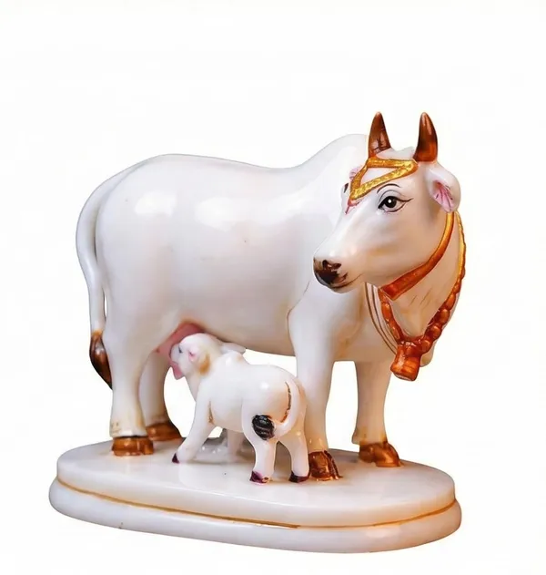 Earthen_Handcrafted_Kamadhenu_Cow_And_Calf_Idol_Religious_Mother_Cow_Gau_Mata_Statue_For_Home_Decor_Office_Gift_Premium_White_Gold_Finish_Vastu_Decorative_Showpiece_9cm